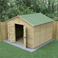 Wooden 10' x 10' windowless shed with double doors, apex roof, tongue and groove panels, set on a concrete base.
