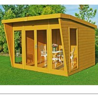 Shire Highclere Summerhouse, 10x10, wood finish, large glass doors, slanted roof, modern design, garden setting.
