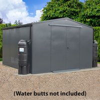 Gray metal garden workshop shed with double doors, pitched roof, and two side water butts on gravel base.