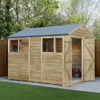 10' x 6' wooden shed with double doors, apex roof, pressure-treated overlap panels, and windows on one side.