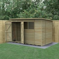 Wooden shed with double doors, overlap cladding, and window, set on a lawn with a surrounding wooden fence.