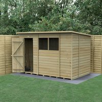 Wooden shed with overlap panels, single door, and window, set on a concrete base, surrounded by a wooden fence.