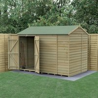 Wooden shed with double doors, reverse apex roof, windowless design, overlap cladding, and pressure-treated timber.