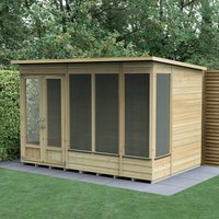 Wooden pent summer house with double doors, large windows, and natural finish, measuring 10' x 6'.
