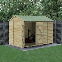 Wooden shiplap shed, 10' x 6', pressure treated, windowless, double door, reverse apex roof, green surroundings.