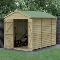 Wooden apex shed, 10' x 6', shiplap panels, pressure-treated, double doors, windowless, green roof, garden setting.