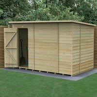 Wooden shiplap shed, 10' x 6', pressure treated, windowless, single door, flat roof, natural wood finish.