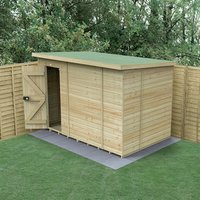 Windowless pent shed, 10'x6', tongue and groove pressure-treated wood, sloped roof, natural finish, by Forest Garden.