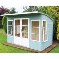 Light blue wooden garden summerhouse with large windows, white double doors, and a slanted roof on a wooden base.