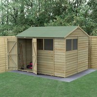 Wooden shed with green roof, double doors, reverse apex design, four windows, and pressure-treated overlap panels.