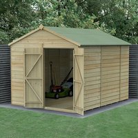 Wooden apex shed, 10'x8', shiplap panels, pressure treated, double doors, windowless, green roof, by Forest Garden.