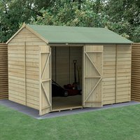 Wooden shed with double doors, reverse apex roof, shiplap cladding, and pressure-treated timber, windowless design.