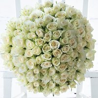 Bouquet of 100 white roses with lush green stems, tightly arranged in a spherical shape, showcasing delicate petals.