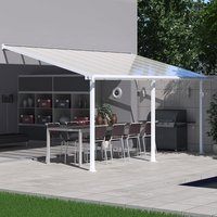 White Palram Canopia patio cover with clear panels, supported by white posts over outdoor dining area.