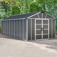 Dark grey plastic shed with WPC floor, gable roof, double doors, and window panels, measuring 11' x 21.3'.