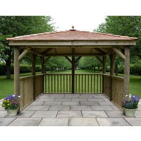 Square wooden garden gazebo with New England cedar roof, open sides, and wooden railings, set on stone tiles.