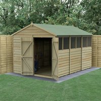 Wooden shed with green apex roof, double doors, and side windows, 12' x 8', pressure-treated overlap panels.