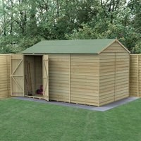 Wooden shed with reverse apex roof, double doors, windowless design, overlap cladding, and pressure-treated timber.