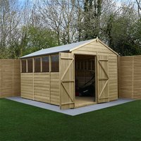Wooden apex shed, 12' x 8', shiplap cladding, double doors, pressure treated, with side windows, on concrete base.