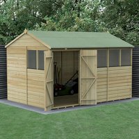 Wooden shiplap shed with green roof, double doors, and windows, 12'x8', set on a concrete base in a garden setting.