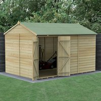 Wooden shed with reverse apex roof, double doors, shiplap cladding, windowless, pressure treated, green roof, 12'x8'.