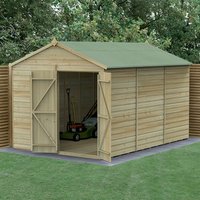 Wooden shed with double doors, apex roof, shiplap cladding, and pressure-treated timber, windowless design, 12'x8'.