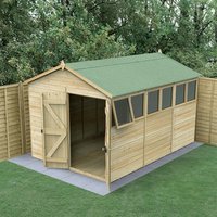 Wooden double door apex shed with green roof, tongue and groove panels, and side windows, set on a concrete base.