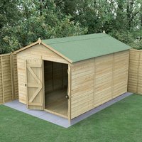 Wooden windowless shed with double doors, green apex roof, tongue and groove panels, set on concrete slab.