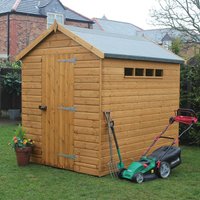 Wooden garden shed with shiplap cladding, apex roof, single door, and small windows, measuring 12' x 8'.