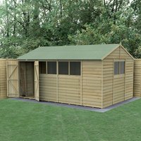 Wooden shed with double doors, apex roof, six windows, pressure-treated overlap panels, surrounded by greenery.