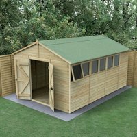 Wooden apex shed with double doors, green roof, and side windows, set on a concrete base in a garden.