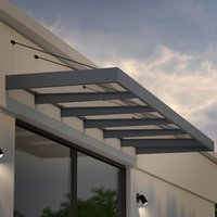 Grey Palram Canopia Sophia XL door canopy with clear panels and metal frame, mounted above a glass door.