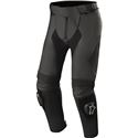 Black leather motorcycle pants featuring knee protectors, stretch panels for mobility, and a sleek design ideal for racing or riding.