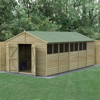 Wooden shed with double doors, apex roof, pressure-treated overlap panels, and multiple windows, set in a grassy area.