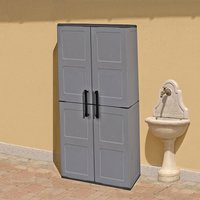 Gray Shire plastic garden storage cupboard with two doors, black handles, and shelves, standing on a patio.