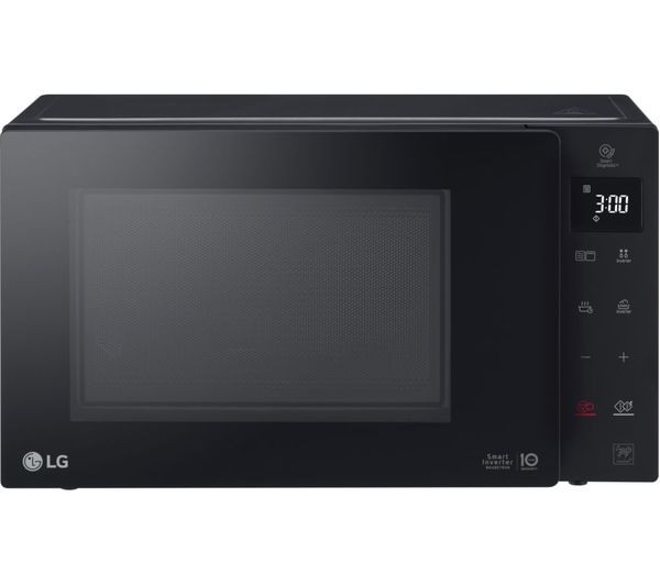 Compact black LG NeoChef MH6336GIB microwave with grill feature, sleek glass door, digital control panel, and various function buttons for cooking convenience.