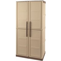 Beige Shire plastic garden storage cupboard with double doors and brown handles, measuring 2'4 x 1'3.