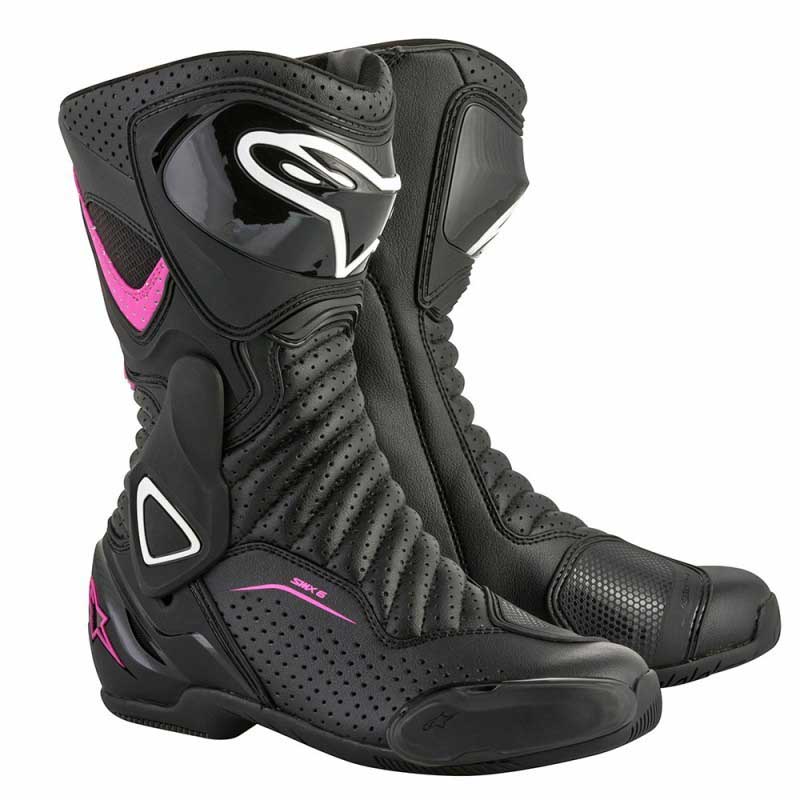 Black motorcycle racing boots featuring pink accents, made from durable material with perforated sections for breathability, and reinforced protection on the toe and ankle areas.