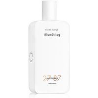 White rectangular bottle of 27 87 #Hashtag Eau de Parfum, 87 ml, with minimalist black text and round cap.