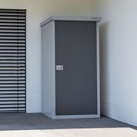 Gray Trimetals Guardian D33 metal storage shed with flat roof and lockable door, compact design for outdoor use.