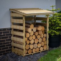 Small wooden log store with slatted sides and pent roof, filled with stacked logs, placed against a wall.