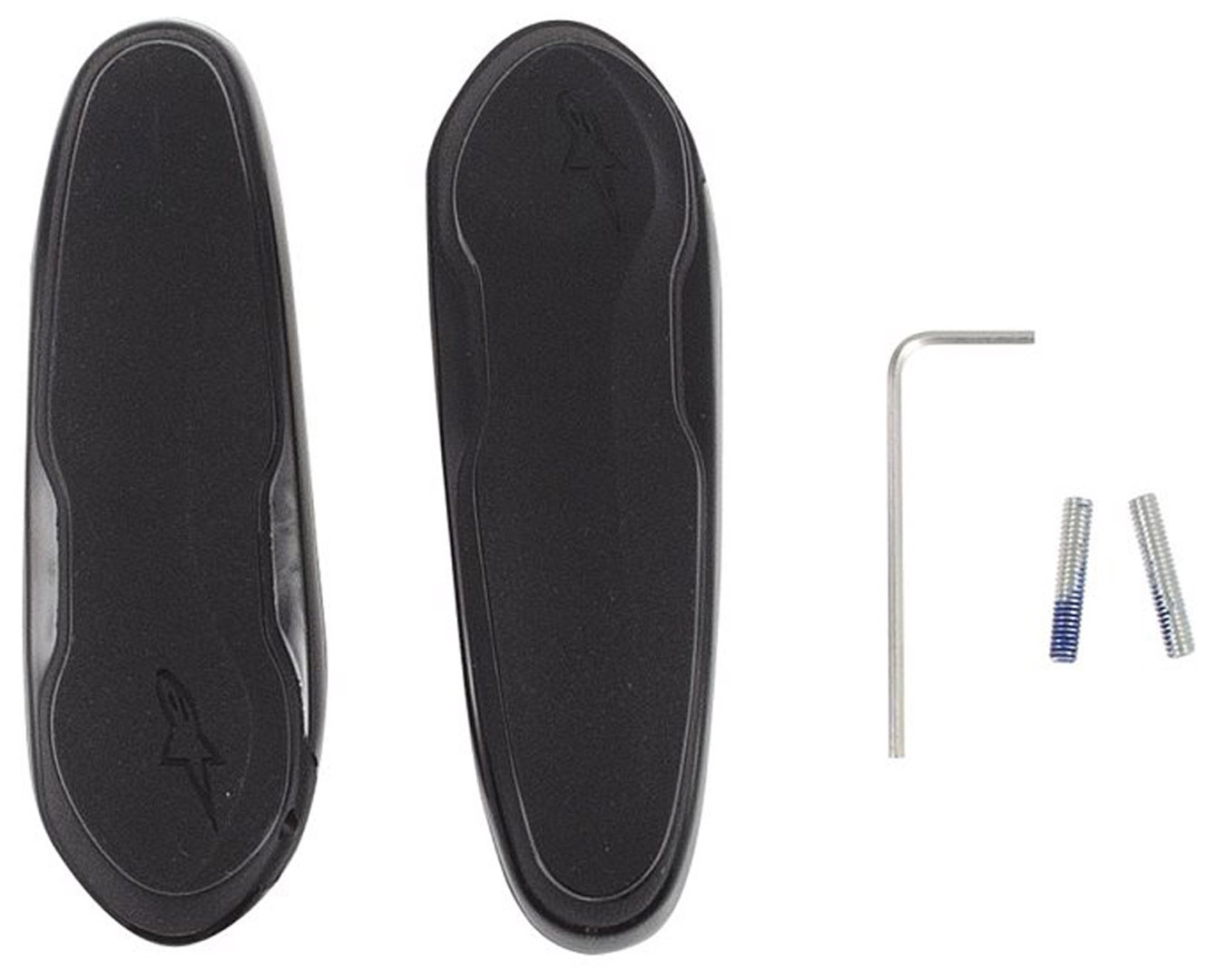 Black Alpinestars toe sliders for Stella SMX-6 women's boots, featuring a sleek design, durable rubber material, and accompanied by screws and an Allen wrench for installation.