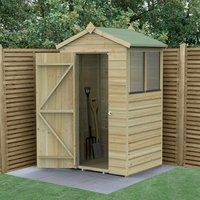Wooden apex shed with shiplap panels, green roof, and window; door open showing garden tools inside.
