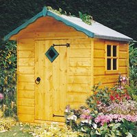 Wooden playhouse with a pitched roof, diamond window on door, and side window, surrounded by colorful flowers.