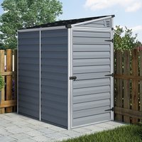 Grey plastic shed with skylight, 4x6 ft, vertical panels, black roof, single door, by Palram Canopia.