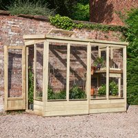 Wooden lean-to greenhouse with clear panels, open back, and slanted roof, set against a brick wall.