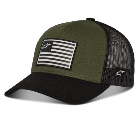 Military green and black snapback hat featuring a mesh back, a front patch with a stylized American flag, and a black visor.