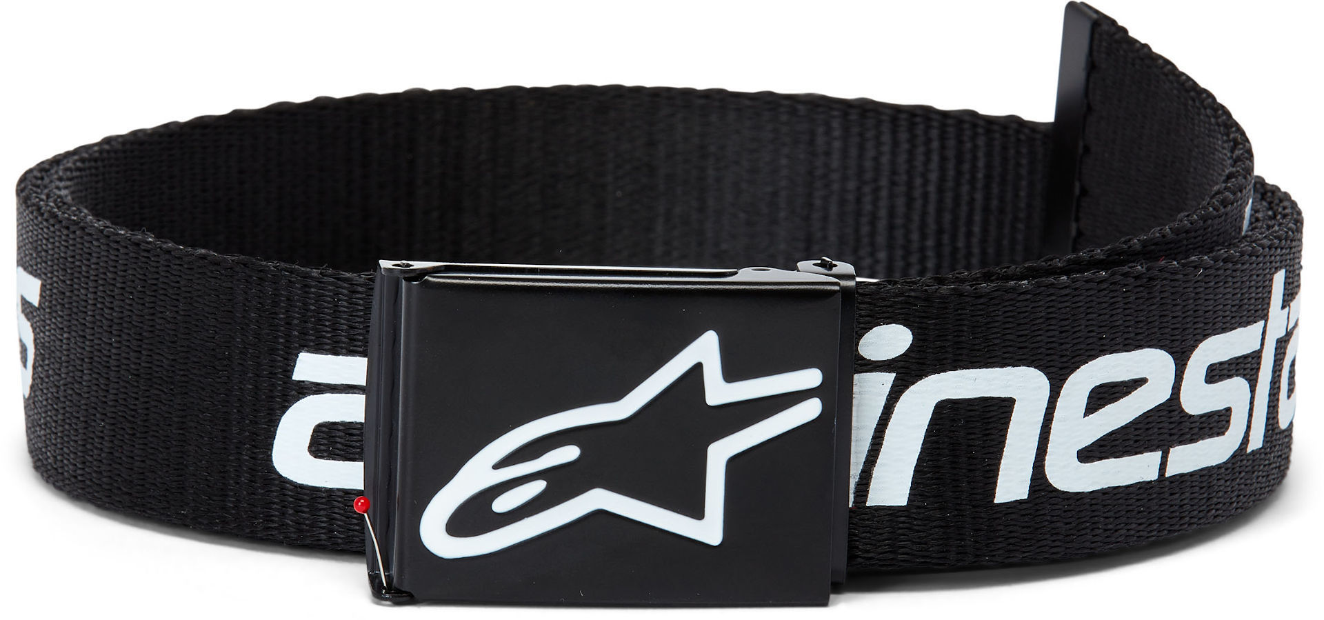 Black and white Alpinestars Linear belt featuring a durable fabric strap and a sleek metal buckle with the Alpinestars logo, designed in a one-size-fits-all style.