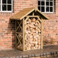 Wooden logstore with slanted roof, cross-braced sides, filled with stacked logs, against a brick wall.