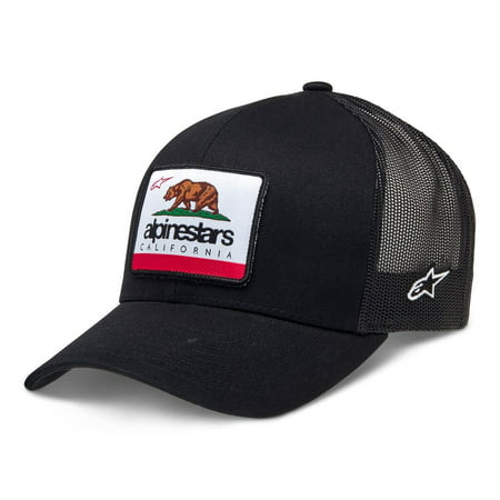 Black cap featuring a bear graphic and "alpinestars CALIFORNIA" text on the front, with a mesh back and adjustable strap, designed for a comfortable fit.